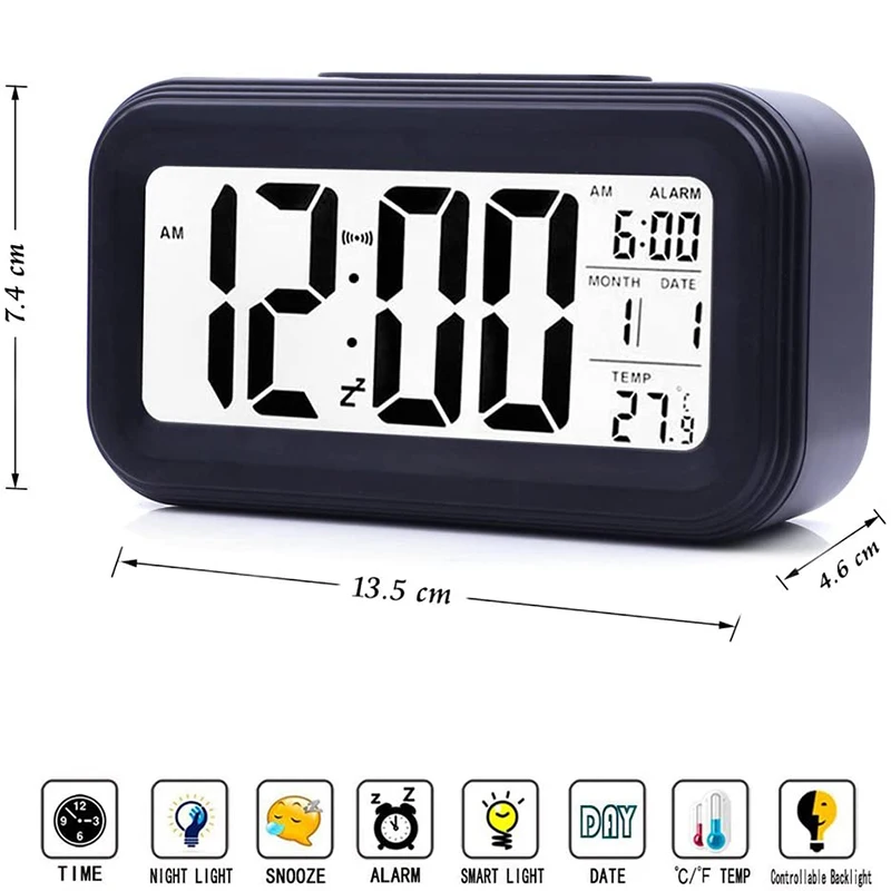 Digital LCD Snooze Battery Operated Alarm Clock Time Temperature Display Bedside 