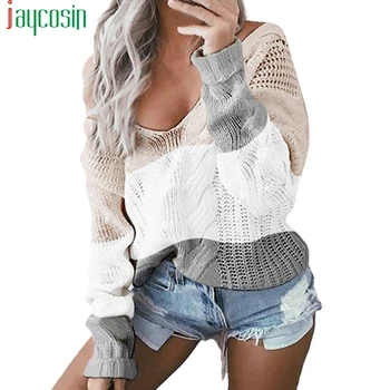 

Sweater Women Loose V-Neck Knit Pullover Oversize patchwork Long Sleeve Autumn Winter Fashion Ladies Tops Casual Sweater female