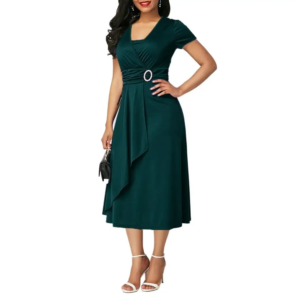 Plus Size Elegant Women Solid Color Short Sleeve V Neck Asymmetric Hem Waist Tight Midi Party Dress Ladies Evening Vestidos cocktail dresses Dresses