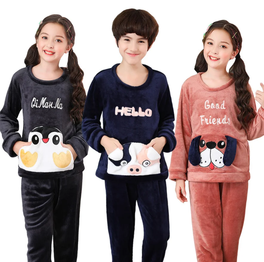 

3-14 Yrs Winter Children Fleece Pajamas Thicken Warm Flannel Sleepwear Girls Boys Lounge Wear Coral Fleece Kids Homewear Pyjamas