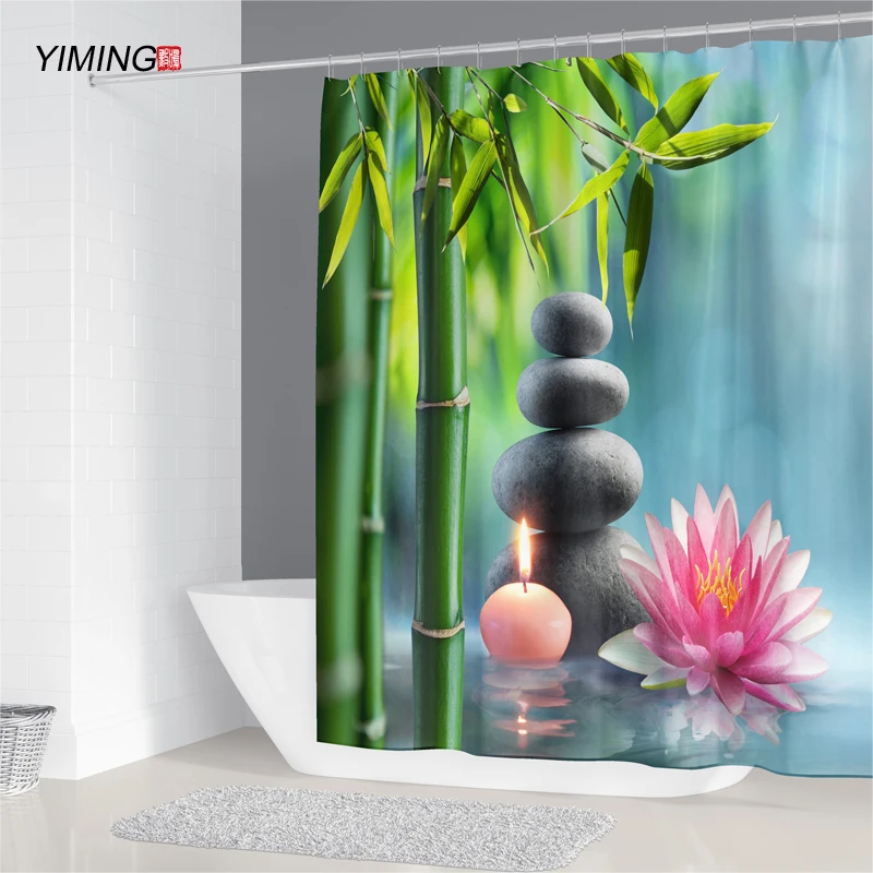 Shower Curtain Bathroom-Decoration Bamboo Green Waterproof Zen Buddha 3D Mildew Running-Water