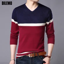 Новые модные брендовые свитера, мужские пуловеры с v-образным вырезом, облегающие вязаные Джемперы в полоску, осенняя повседневная мужская одежда в Корейском стиле
