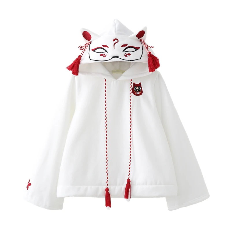  Japanese Retro 3D Fox Ear Embroidery Hoodie Cartoon Anime Girls Kawaii Hooded Pullover Hoodies Swea