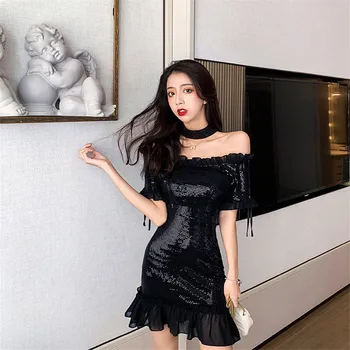 

Real shot 2020 new fashion temperament sexy word ruffled slim party dress