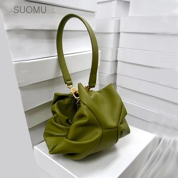 

Dumpling totes bag women ruched pillow shoulder bag pu leather pouch purse hobos handbag 2020 summer bag green black camel