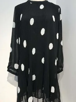 

Loose Retro Pleated Dress For Women Dot PrintingSummer Casual Holiday Beach Long Sleeve Chiffon Cloth