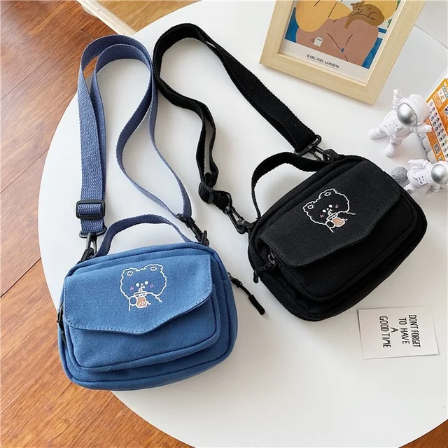 Small Women Canvas Shoulder Bags Korean Cartoon Print Fashion Mini Cloth Handbags Phone Crossbody Bag for Cute Girl 2