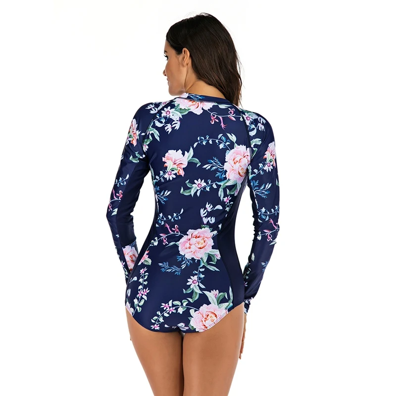 Women Rash Guard Adult One-Piece Long Sleeve Floral Patchwork Zipper Quick Drying Waterproof Swimsuit Hot Spring Diving Surfing