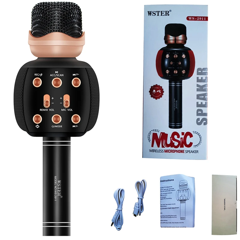 WSTER версия Bluetooth караоке микрофон беспроводной Профессиональный Динамик ручной плеер Волшебная Запись голоса Музыкальный Микрофон PK WS-858 - Цвет: black