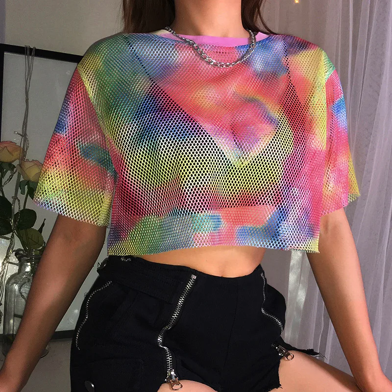 

Mesh Colorful T Shirt Women O Neck See Through Grid Hollow Out Short Sleeve Loose Chic Crop Top Fashion Streetwear Lady T Shirt