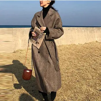 

Striped Fashion Wool Coat Jacket Women Lace Up Long Coats Blend Elegant Ladies Plus Size Turn Down Collar Outwear 2019 Winter