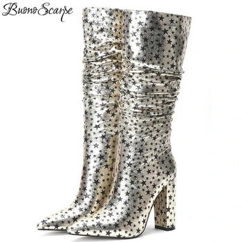 

Women Microfiber Med Boots Pointed Toe Stars Printed Ladies Party Shoes High Heel Botas Mujer Pleated Female Shoes Fashion Shoes