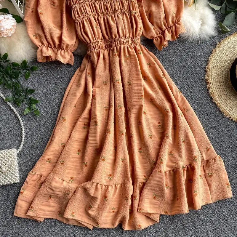 SINGRAIN Women Ruched Ruffle Dress Korean Puff Sleeve Slash Neck A Line Dress Summer Vacation Casual Print Floral Dress 2020