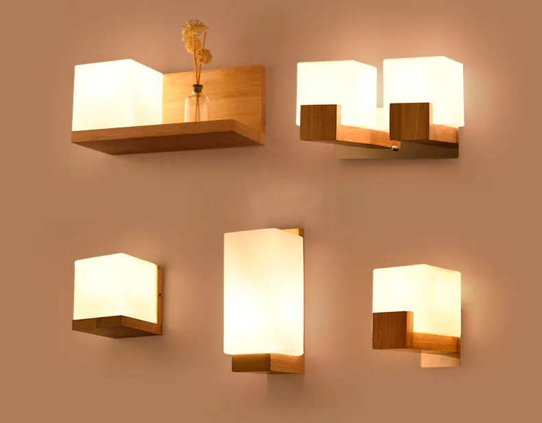 Скандинавский деревянный светодиодный настенный светильник матовое стекло дерево освещение прихожей коридорный гостиничный Спальня Коридор Минималистичная сплошная деревянная стена бра