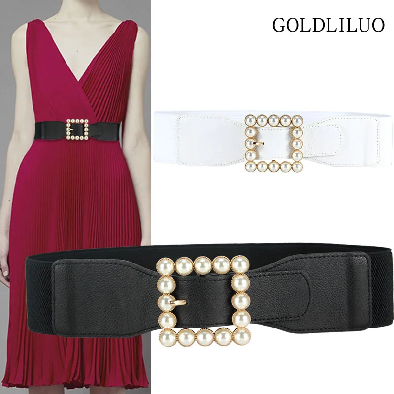 

New Fashion Simulated Pearl Elastic Waistbands Stretch Wide Waistband Belt For Women Cummerbunds Wedding Dress Skirt Decoration