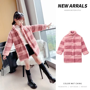 

Girls' Winter Jacket Thickened Parka 4-13 Years Stand-up Collar Color Diamond Check Wide Striped Coat Wool Sweater Winter Jacket