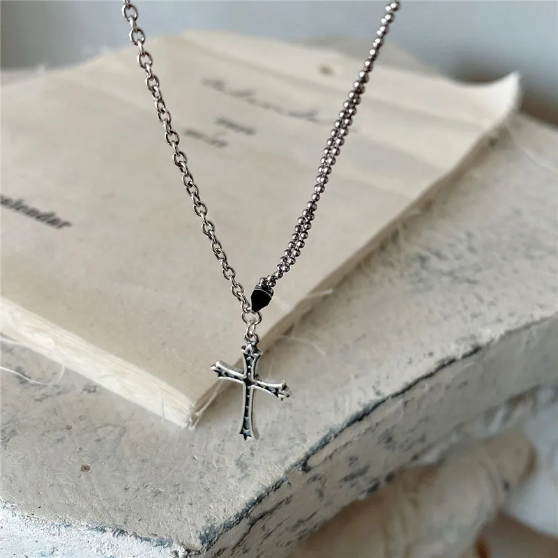 

POFUNUO Real 925 Sterling Silver Vintage Cross Charm Necklace Women Simplicity Simple Chic Distressed Beads Chain Fine Necklaces