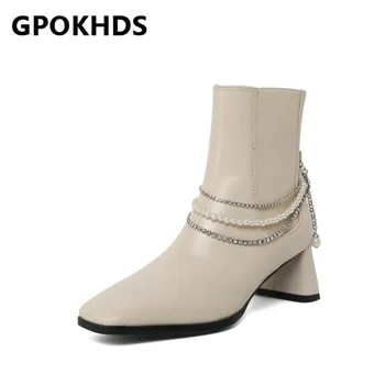 

GPOKHDS 2021 women Ankle boots Cow leather Winter short plush Square Toe Chain String Bead High heels female boots size 40