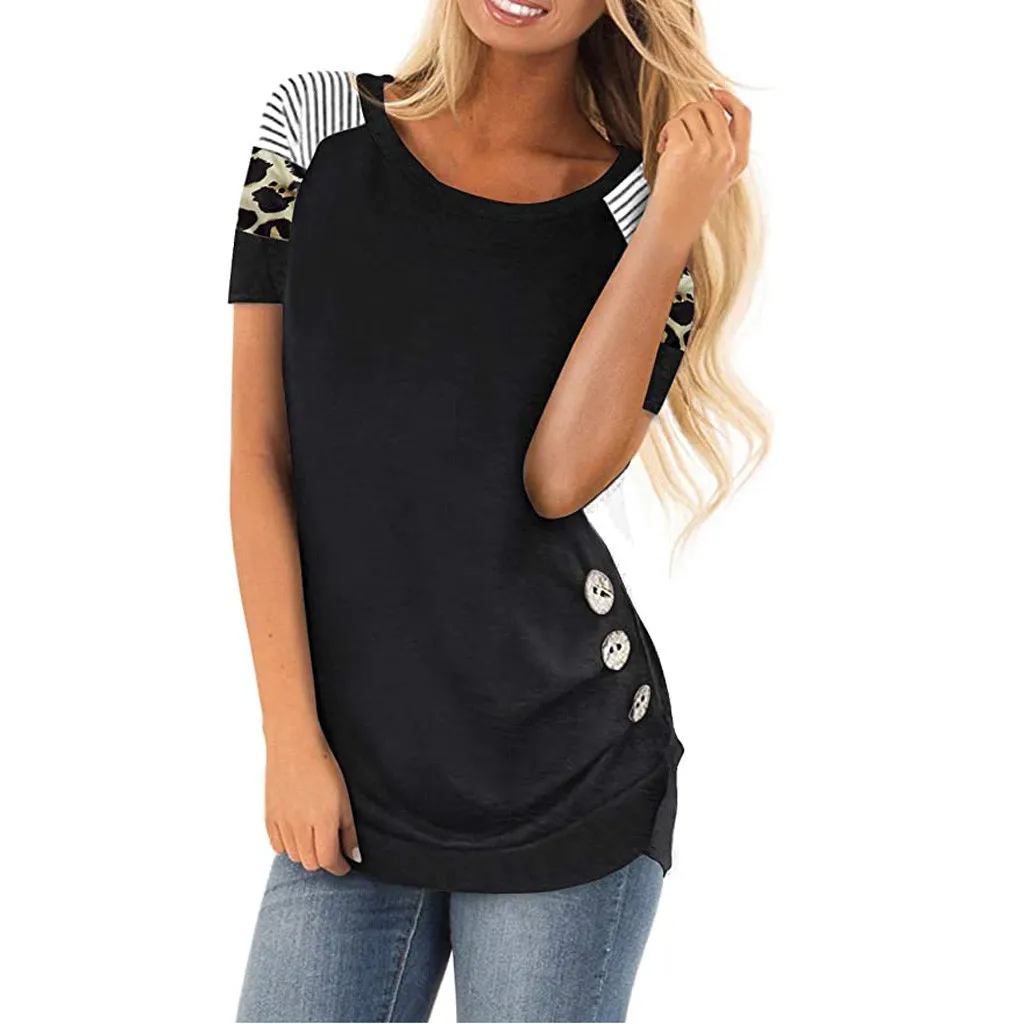 

Ladies Leopard Round Neck Short Sleeve Button Top T-shirt Splicing Comfortable Fashion Loose and Comfortable Leopard женские 04*