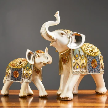 

Creative Resin Elephant Craft Decoration Luxury Lucky Feng Shui Wood Grain Elephant Sculpture Retro Home Decor Desktop Ornaments