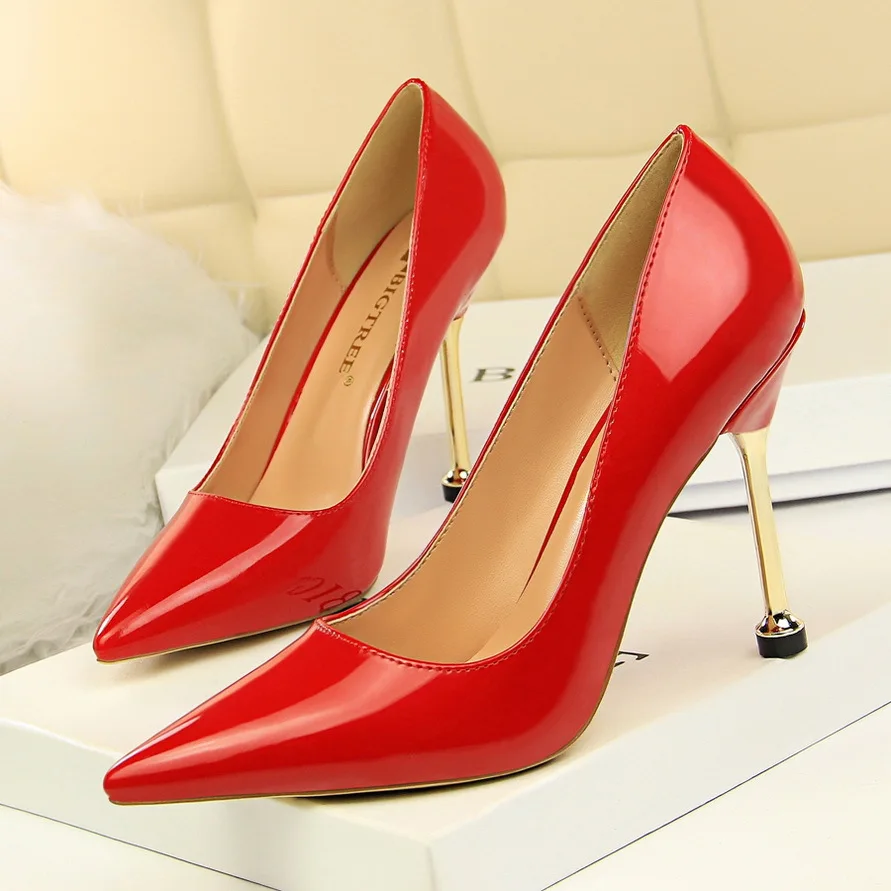 

171-2 Korean-style Fashion Simple Career Ol High Heel Shoes Slimming Thin Heeled High-Heel Patent Leather Shallow Mouth Pointed