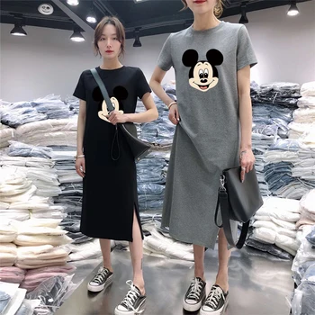 

2020 New Runway Summer T Shirt Woman Mickey Cartoon Mouse Print Casual Dress Women Femme Tops Oversize Shirts Dresses Vestidos