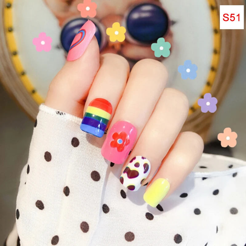 24pcs Green White Little Flower Fake Nail Art Decoration Short Square Head Full Cover False Nails Tips with Glue Sticker file - Цвет: as picture