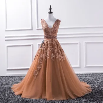 

Sparkly Beaded belt V Neck Lace Appliques Prom Dresses 2020 Open Back Sleeveless A LineTulle Ball Gown Formal Dress