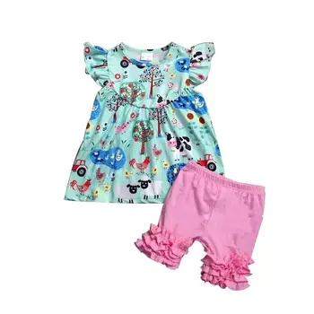 

Hot sale Summer Girls Kids Set flutter sleeve animal print with pink icing shorts