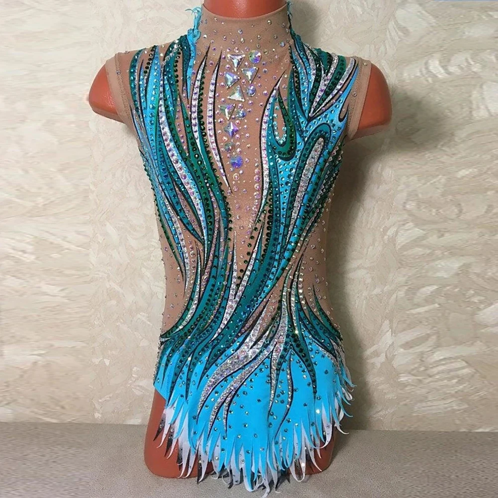 

Ice skating dress Blue cha cha cha performance wear dancing Maxi Artistic Gymnastics leotards for Rhythmic