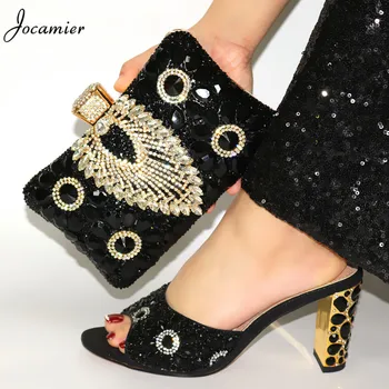 

2020 Latest Italian design Style Woman Shoes And Bag To Match Set Nigerian Black Color Rhinestone Shoes And Bag Set For PartyT68