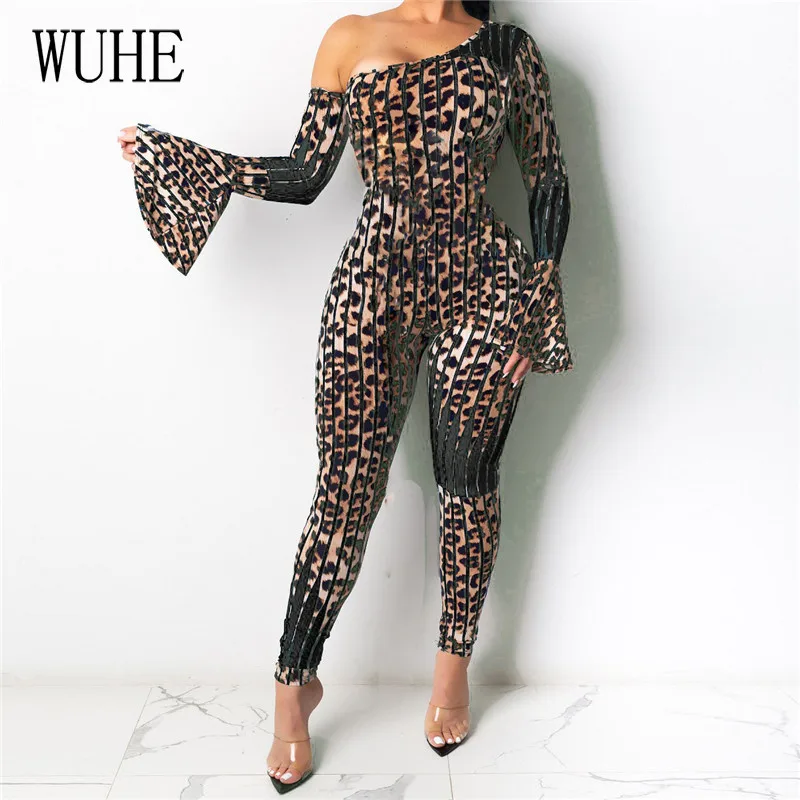 

WUHE Women Flare Sleeve Sexy Slash Neck Bodycon Party Jumpsuit Elegant Skinny Bandage Nigh Club Playsuit Plus Size S-XXL