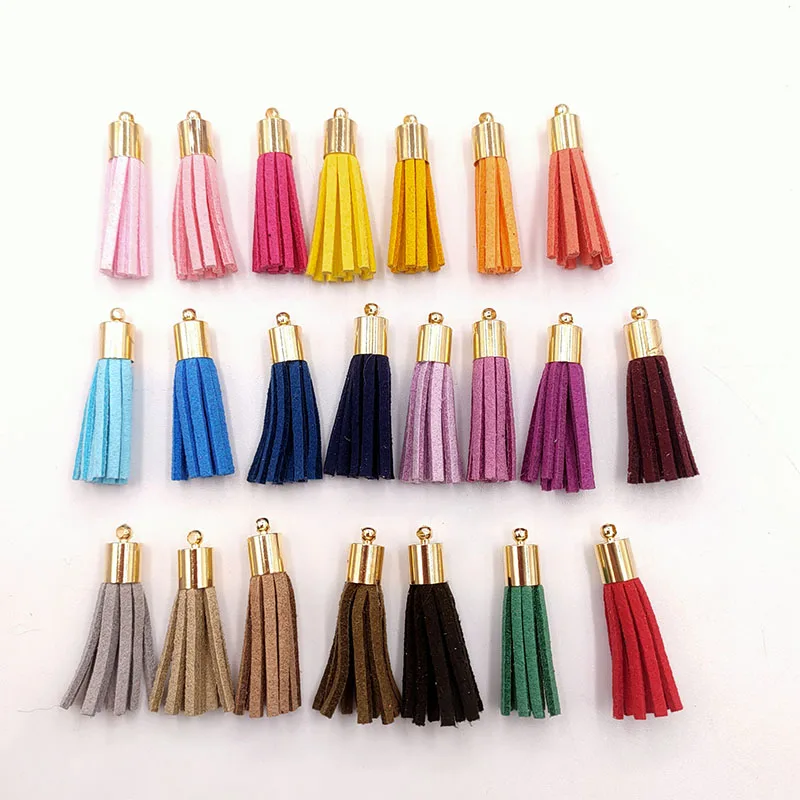 30Pcs/Lot 35mm Gold Top Leather Tassel For Keychain Cellphone Straps Fringe Suede Tassel DIY Pendant Summer Jewelry Findings