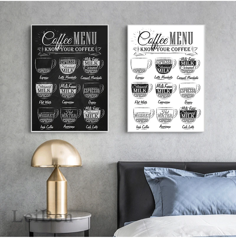 Nordic Coffee Menu Wall Pictures Art Print Black White Art Canvas Painting Cafe Shop  Wall Art Decor HD2616