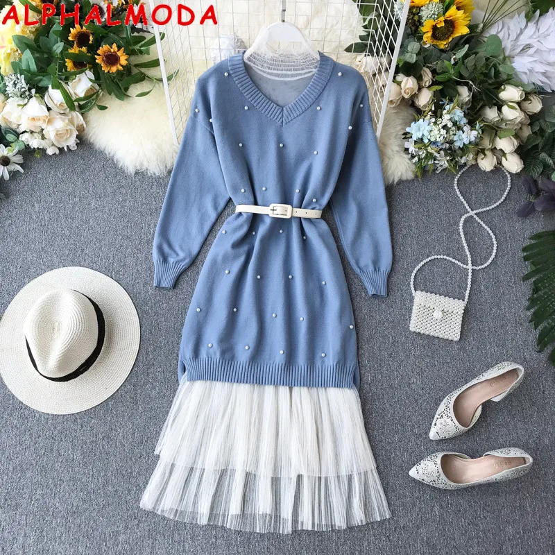 ALPHALMODA женский свитер с жемчугом + кружевное платье 2 шт. милый костюм длинный