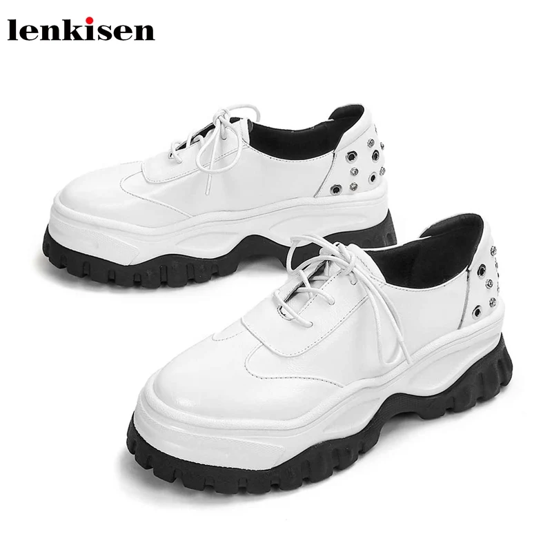 

Lenkisen new white sneaker genuine leather British round toe high heels thick bottom rivets lace up women vulcanized shoes L65