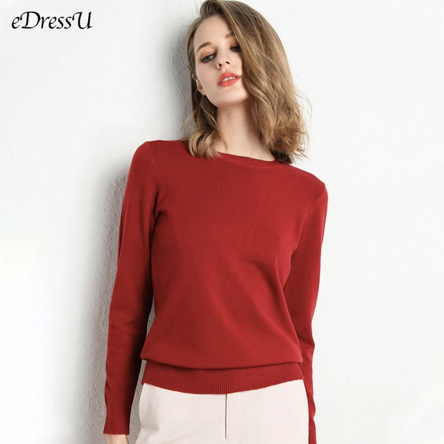 Suéter de punto de 13 colores para mujer, jersey rojo con cuello redondo,  suéteres amarillos simples