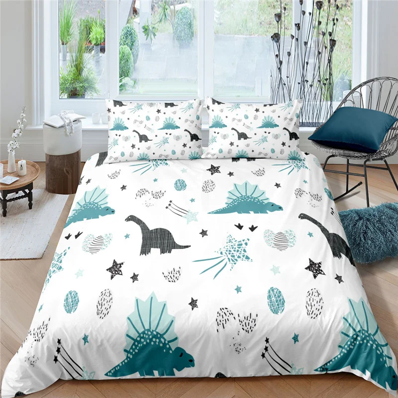 Luxury 3D Cartoon Dinosaur Print 2/3Pcs Kids Bedding Sets Comfortable Duvet Cover Pillowcase Home Textile Single/Queen/King Size