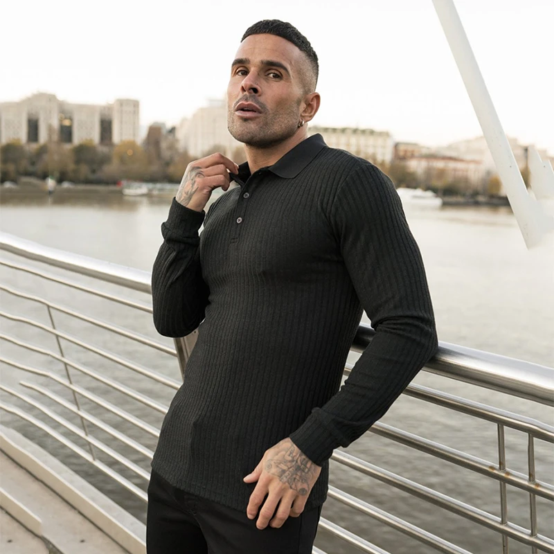 

Мужская рубашка-поло на пуговицах, однотонная Осенняя рубашка с длинным рукавом, тонкие топы с отложным воротником