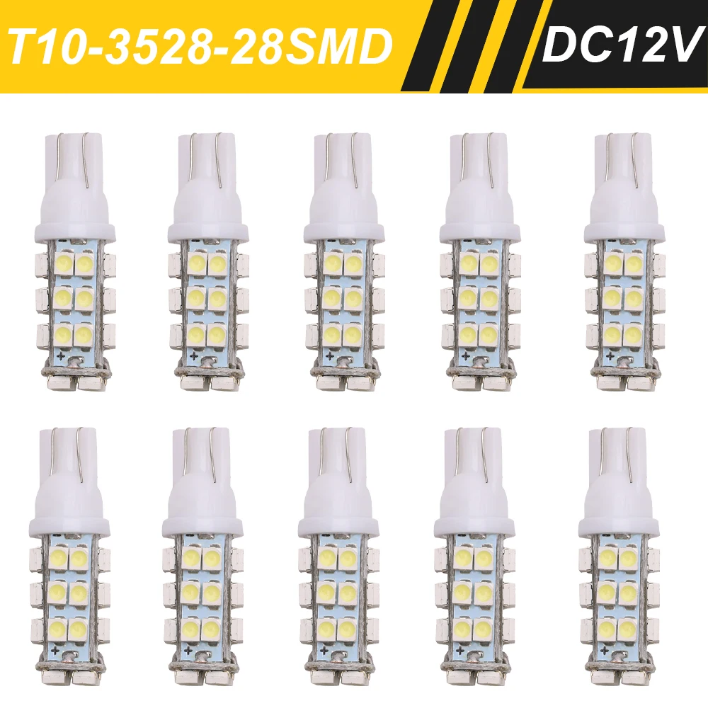 

10Pcs T10 168 194 W5W LED 3528 White 28 SMD Wedge Car Interior Dome Map Reading License Plate Light Bulb Lamp DC 12V
