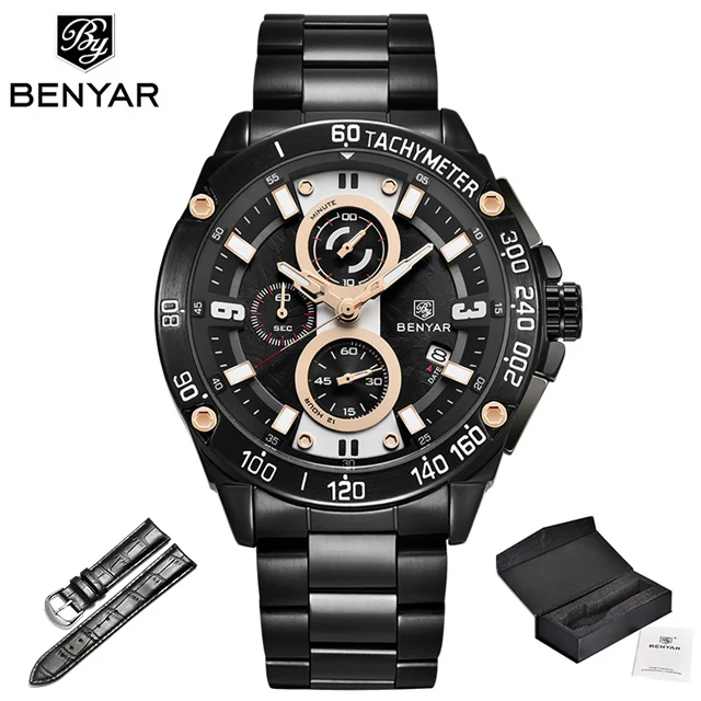 S-black gold BENYAR, кварцевые мужские часы, Топ бренд, роскошные часы, мужские, сталь, водонепроницаемые, спортивные, мужские наручные часы, хронограф, Relogio Masculino - Цвет: S-black gold