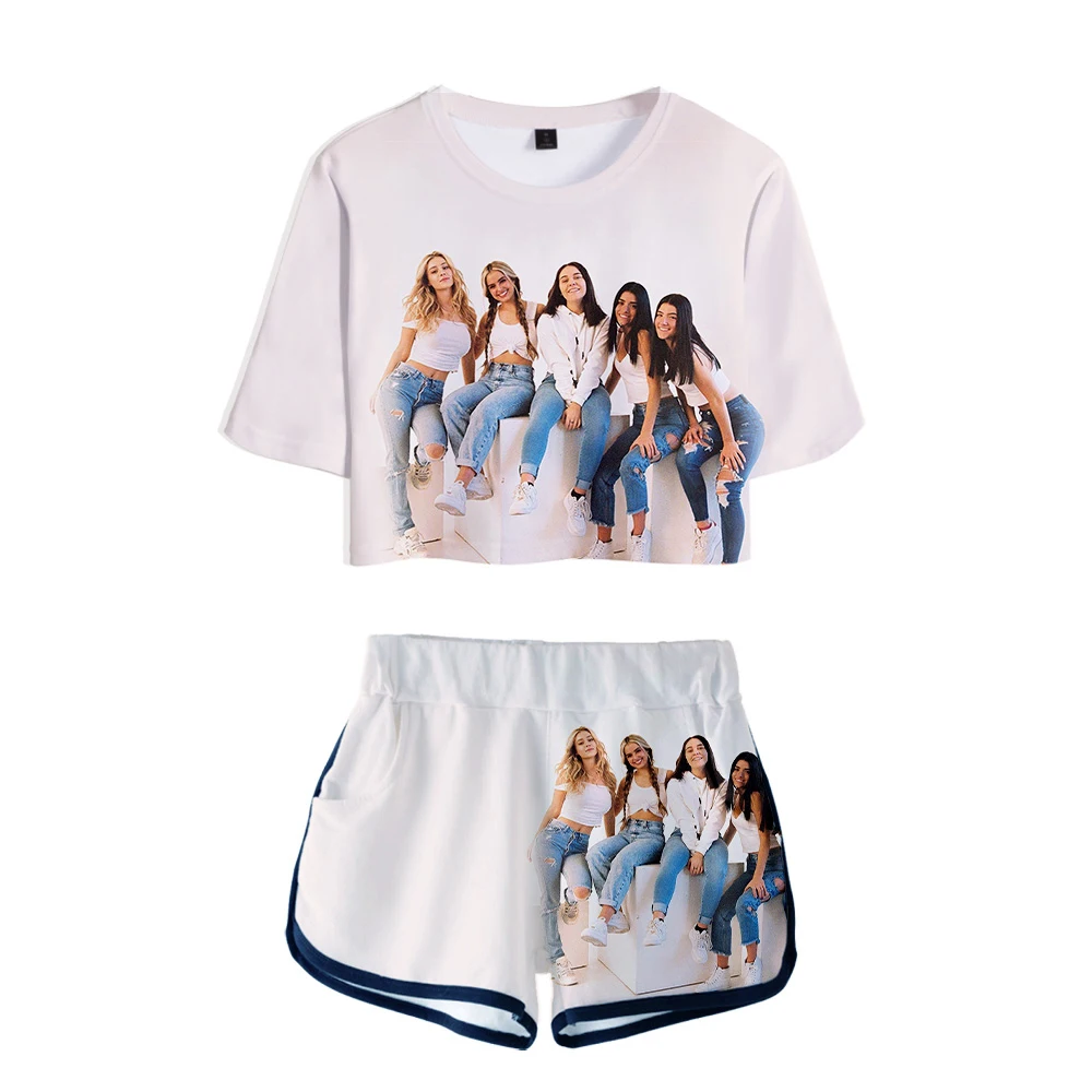 Hip-hop Belly Button t-shirt Two-piece Set + Shorts Ladies Sexy T Shirt Brand Design The Hype House Young Girl Rholycrown | Женская