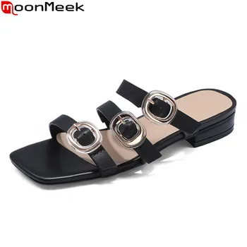

MoonMeek Big size 33-43 summer women slippers genuine leather comfortable casual shoes low heel square toe buckle mules shoes
