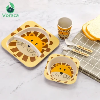 

5PCs/set Bamboo Fiber Cartoon Children Tableware Set with Plate Bowl Fork Cup Spoon Kids Baby Feeding Dishes Dinnerware Gifts
