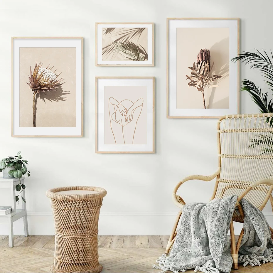 Beige-Close-Up-Floral-Dried-Protea-Flowers-Leaf-Shadow-Poster-Canvas-Painting-Prints-Wall-Art-Pictures