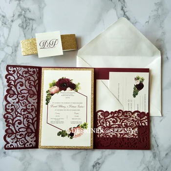

Marasha Glitter Bottom Laser Cut Wedding Invitation with Tag and Glittery Belt and RSVP Card 20+Color Invites for Quinceaner