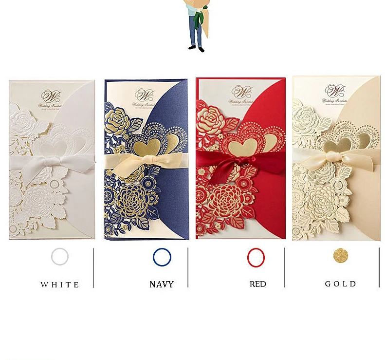  50pcs Laser Cut Wedding Invitations Card Rose Love Heart Greeting Cards Customize Envelopes with Ri - 4.00022E+12
