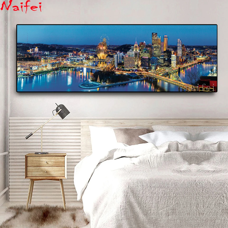 5D Diamond Painting City Bridge Night Landscape Full Drill Square Round Lake Embroidery Cross Stitch Home Decoration Diamond Art--