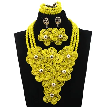 

Shining Yellow Flower Wedding Jewelry Beads Set Unique Nigerian Beaded Jewelry Set Handmade Free Shipping hx408