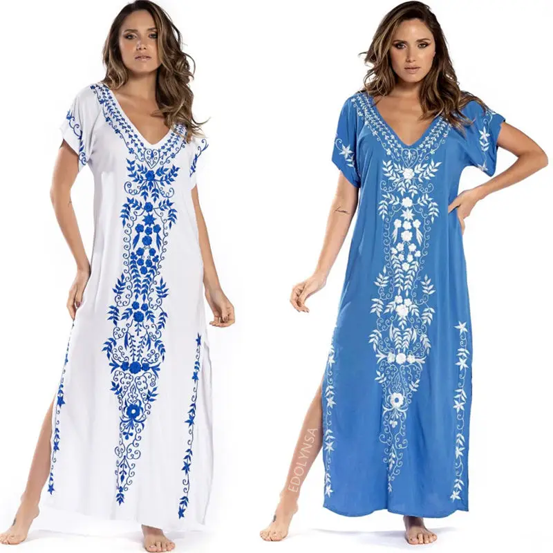 2020 индийское народное вышитое с коротким рукавом боковое длинное летнее пляжное